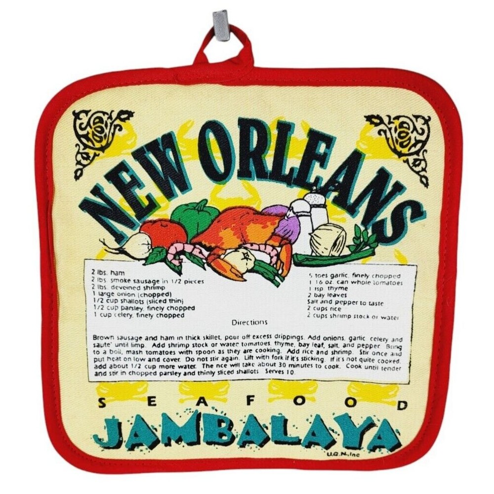 Vintage New Orleans Seafood Jambalaya Recipe Hot Pad Pot Holder Quilted